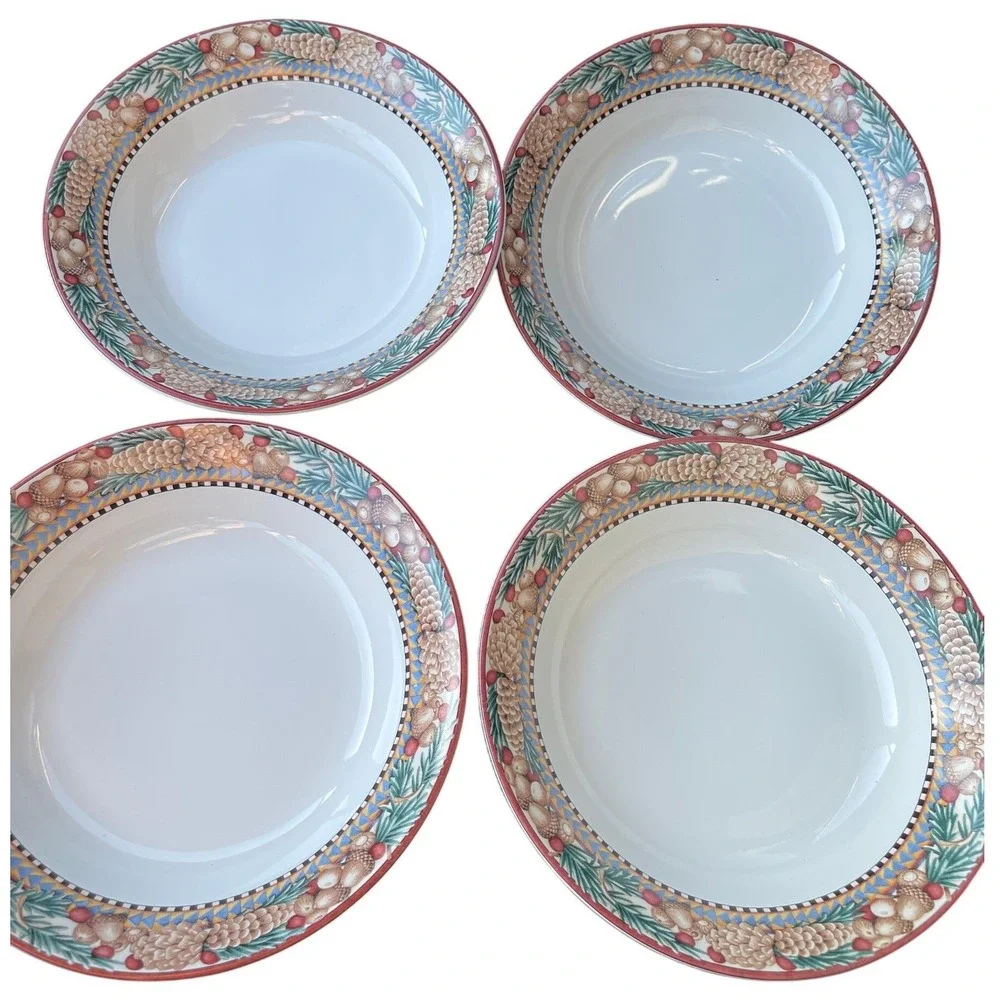 Sakura Pine Cone Debbie Mumm Stoneware Rimmed‎ Soup Bowls Set of 4 1998 Vintage